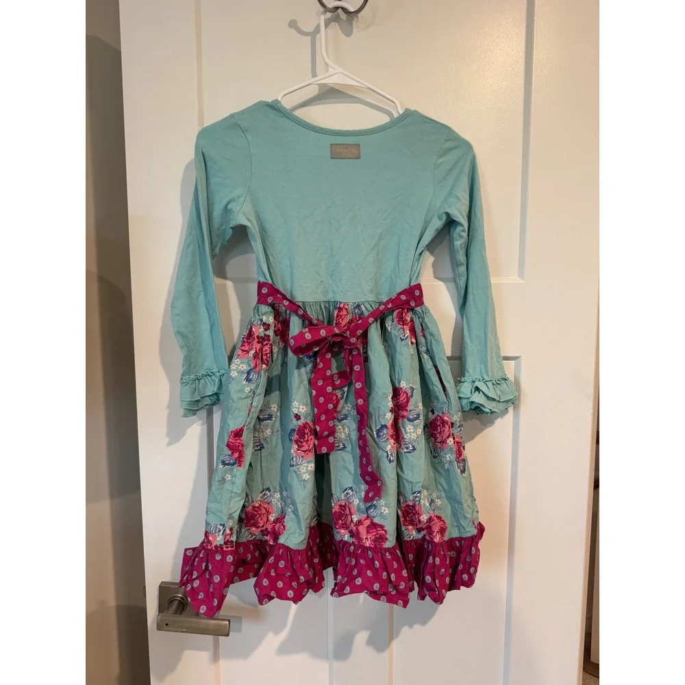 Eleanor Rose Rhonda Dress Girls Size 8-10 Aqua Pink Floral Ruffle Long Sleeve